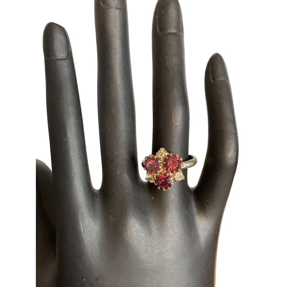 Silver Tone Prong Set Diamond and Garnet Rhinestone Raised Ring